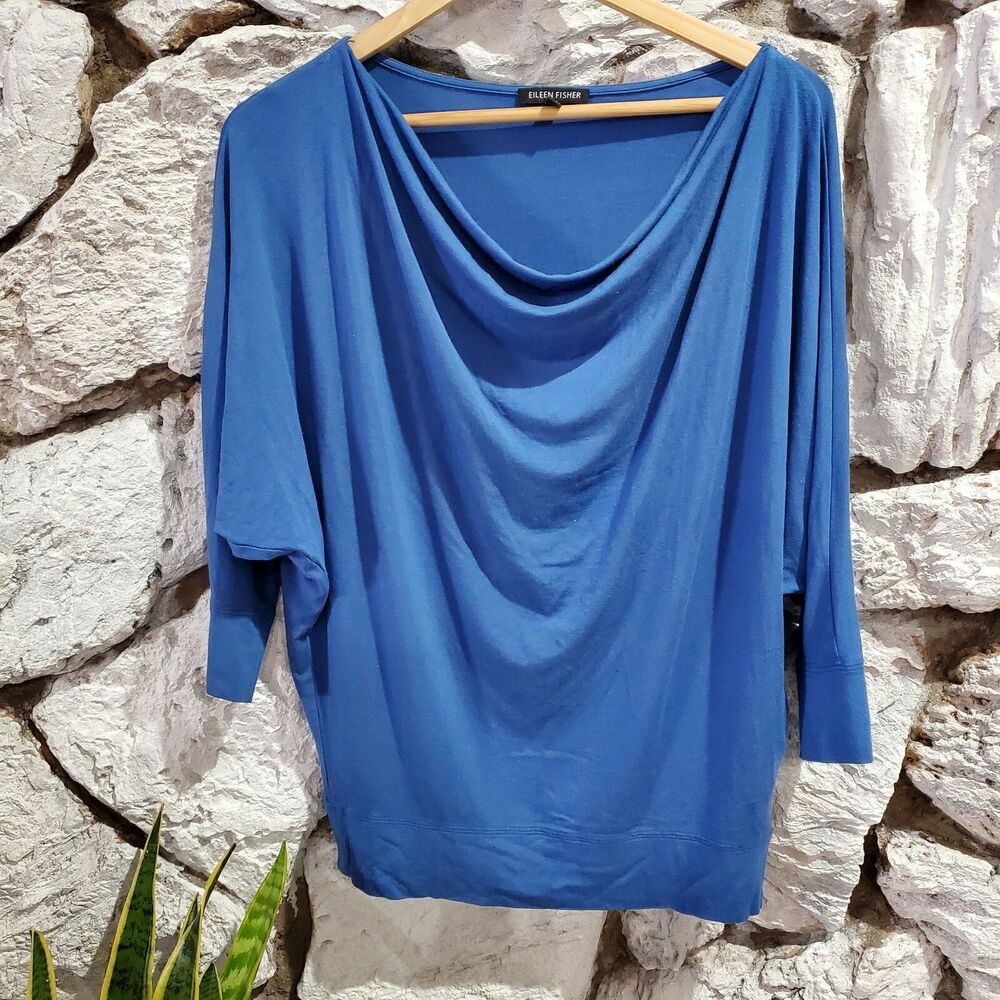 Eileen Fisher Blue Cowl Neck Top 3/4 Sleeve Women’s Size XS Extra Small
